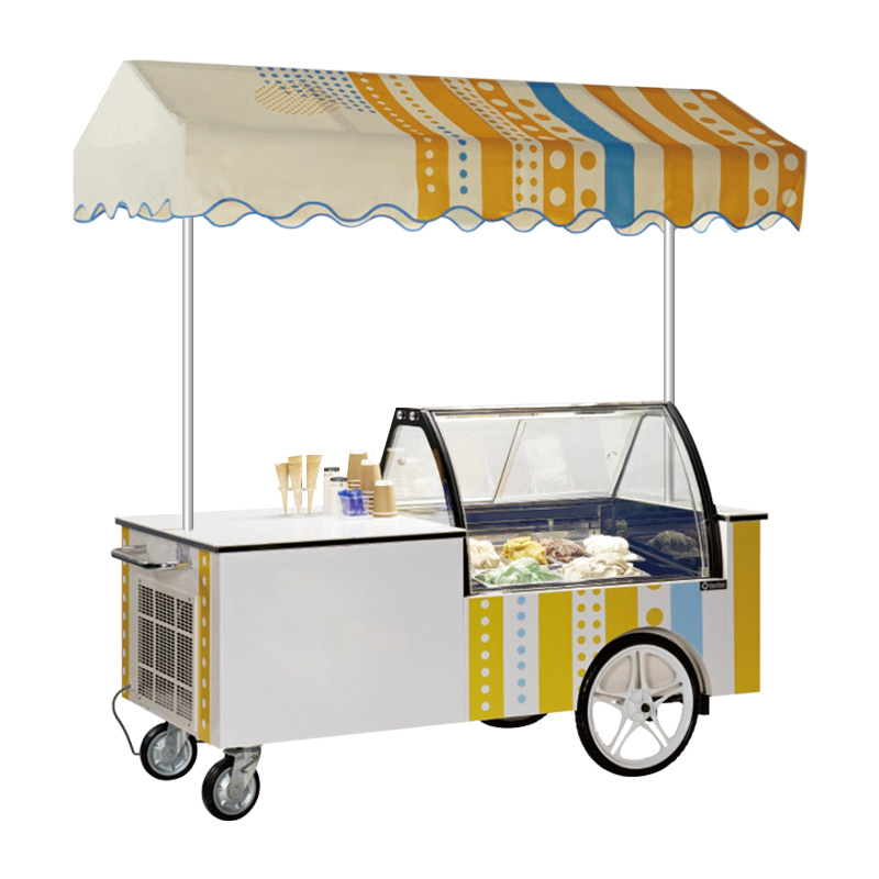 Modern mobile ice cream freezer cart with canopy and storage space.