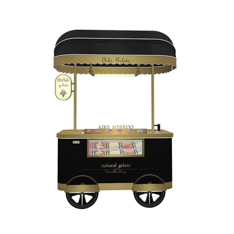 Elegant black and gold gelato ice cream cart with canopy for mobile catering business