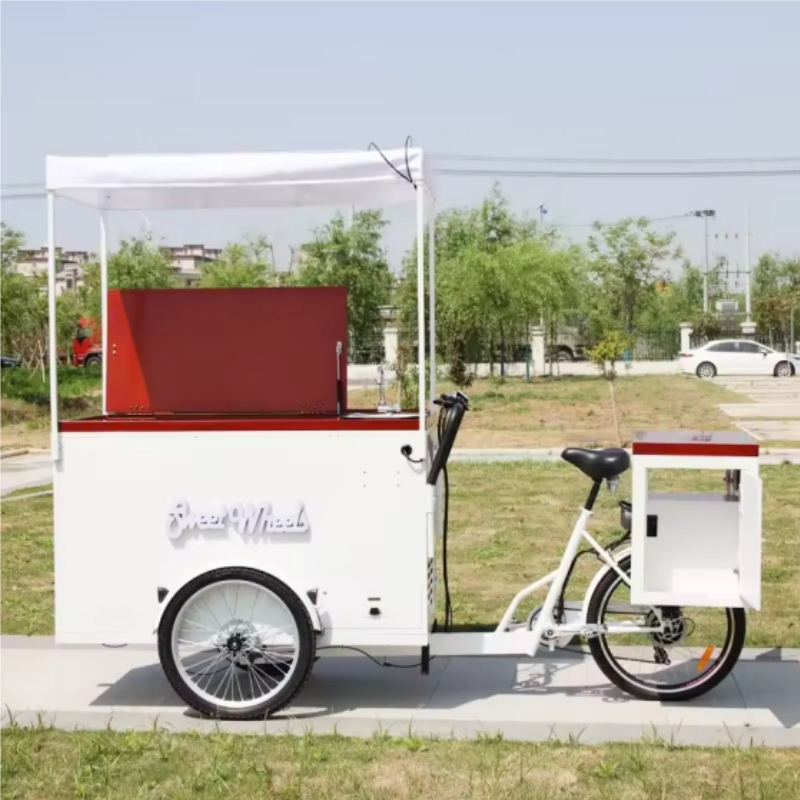 White ice cream bicycle with sunshade for outdoor use